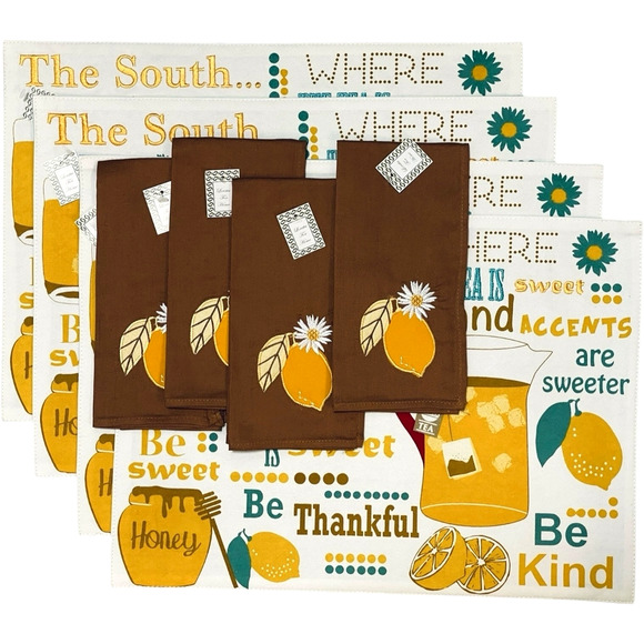 Set of 4 Placemats and Napkins Simply Southern Set SWEET TEA Lemons and Daisies - Picture 6 of 15